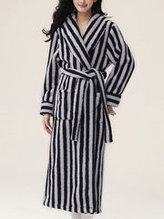 Split-Joint Striped Tied Waist Long Sleeves Loose Lapel Robes