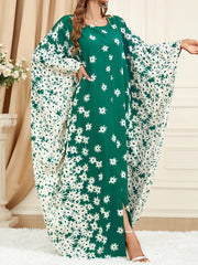 Flower Print Muslim Split-Front Batwing Sleeves Loose Round-Neck Maxi Dresses