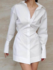 Buttoned Pleated Solid Color High Waisted Long Sleeves Lapel Shirt Dress Mini Dresses