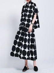 Mock Neck Buttoned Pockets Polka-Dot Blouses Top + A-Line High Waisted Skirts Bottom Two Pieces Set