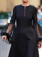 Mesh Patchwork Polka-Dot Split-Joint Zipper A-line Long Sleeves Round-neck Midi Dresses