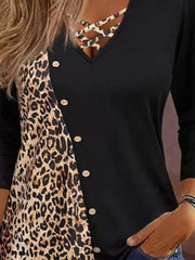 Buttoned Leopard Split-Joint Long Sleeves Loose V-Neck T-Shirts Tops