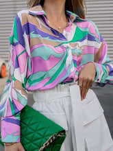 Contrast Color Printed Long Sleeves Loose Lapel Blouses