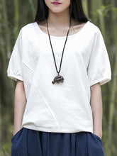 Vintage Ramie Cotton Solid Color Short Sleeve T-Shirts