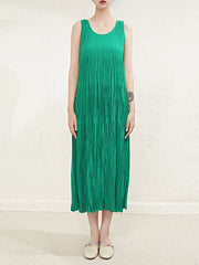 Pleated Solid Color Split-Joint Loose Sleeveless Round-Neck Midi Dresses