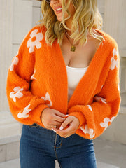 Knitted Flower Long Sleeves Loose Collarless Cardigan Tops