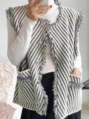 Buttoned Fringed Pockets Striped Loose Sleeveless V-Neck Vest Outerwear