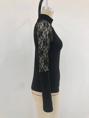 Hollow Solid Color Long Sleeves Skinny High Neck T-Shirts Tops