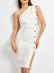 Asymmetric Backless Buttoned Bodycon Sleeveless One-shoulder Midi Dresses