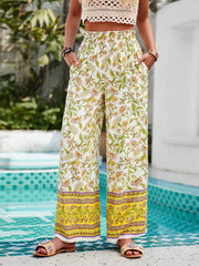 Elasticity Flower Print Pleated Pockets High Waisted Loose Trousers Pants