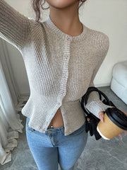Buttoned Solid Color Long Sleeves Skinny Round-Neck Cardigan Tops