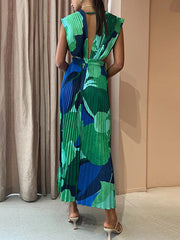 Pleated Printed Split-Joint Loose Sleeveless Deep V-Neck Maxi Dresses Evening Dresses