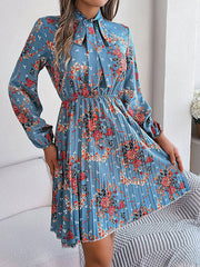 Elasticity Flower Print Pleated Tied Long Sleeves Loose Round-Neck Mini Dresses