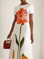 Short Sleeves Flower Print Boat Neck Maxi Dresses