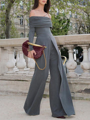 Solid Color Long Sleeves Skinny Off-The-Shoulder Pullovers&Casual Pants Bottoms Two Pieces Set