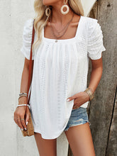 Hollow Pleated Solid Color Loose Short Sleeves Square-Neck T-Shirts Tops