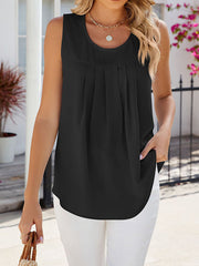 Pleated Solid Color Split-Joint Loose Sleeveless Round-Neck Vest Top