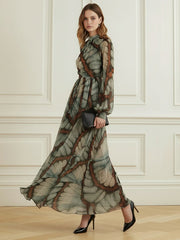 Balloon Sleeves Long Sleeves Big Hemline Contrast Color Pleated Print Zipper Stand Collar Maxi Dresses