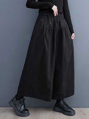 Elasticity Embroidered Pleated Loose Wide Leg Trousers Ninth Pants