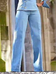 Hollow Lapel Denim Long Sleeves Asymmetric Buttoned Shirts Top + Pants Bottom Two Pieces Set