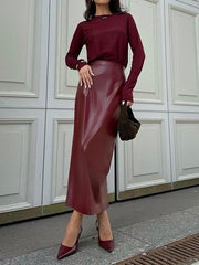 Pleated Solid Color Split-Back Bodycon High Waisted Skirts Bottoms