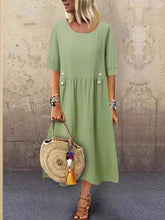 Buttoned Pleated A-Line Loose Round-Neck Midi Dresses