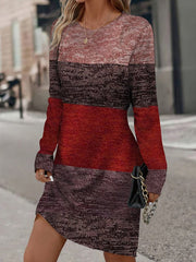 Contrast Color Printed Split-Joint Long Sleeves Loose Round-Neck Midi Dresses