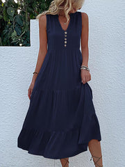 Pleated Split-Joint Loose Sleeveless V-Neck Midi Dresses