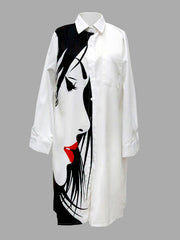 Long Sleeves Loose Buttoned Figure Printed Lapel Collar Midi Dresses