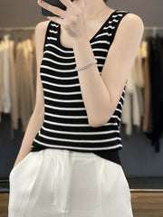 Contrast Color Striped Loose Sleeveless U-Neck Vest Top