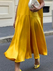 Pleated Solid Color Split-Joint A-Line Loose Round-Neck Maxi Dresses