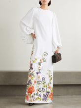 Long Sleeves Loose Elasticity Flower Print Round-Neck Maxi Dresses