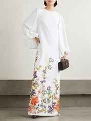 Long Sleeves Loose Elasticity Flower Print Round-Neck Maxi Dresses