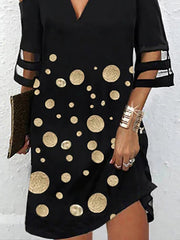 Hollow Mesh Polka-Dot Split-Joint Half Sleeves Loose Cold Shoulder Mini Dresses