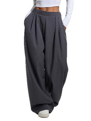 Pleated Pockets Solid Color High Waisted Loose Trousers Pants