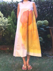 Flower Print Pockets A-line Loose Round-neck Midi Dresses