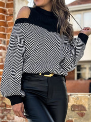 Contrast Color Split-Joint Loose Puff Sleeves Cold Shoulder Sweater Tops