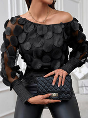 Elasticity Gauze See-Through Solid Color Split-Joint Loose Puff Sleeves Round-Neck Blouses
