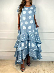 Layered Polka-Dot Split-Joint A-Line Loose Round-Neck Maxi Dresses