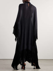 Batwing Sleeves See-Through Tasseled Two Pieces Inner Camisole Dress + Cover-up Maxi Dress