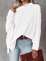 Solid Color Split-side Long Sleeves Loose Boat Neck T-shirts