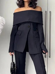 Solid Color Split-Front Split-Joint Long Sleeves Off-The-Shoulder Blazer