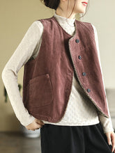 Vintage Sleeveless Loose Buttoned Split-Joint Solid Color Round-Neck Vest Outerwear