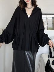 Pleated Solid Color Batwing Sleeves Long Sleeves Deep V-Neck Blouses&Shirts Tops