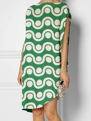 Loose Short Sleeves Contrast Color Printed Round-Neck Midi Dresses