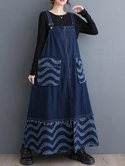 Split-Joint Striped Zipper A-Line Loose Adjustable Straps Midi Dresses
