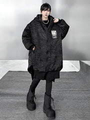 Abstract Printed Contrast Color Split-Joint Zipper High-Low Irregularity Hooded Overcoat Outerwear