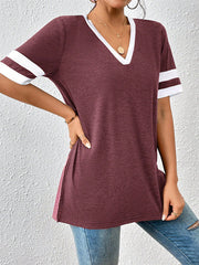 Split-Joint Split-Side Striped Loose Short Sleeves V-Neck T-Shirts Tops