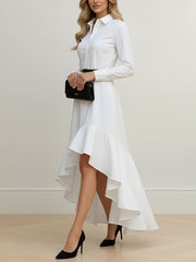 Buttoned No Belt Ruffled Solid Color High Waisted High-Low Lapel Maxi Dresses