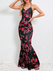 Flower Print Split-Joint Bodycon Mermaid Spaghetti-Neck Maxi Dresses